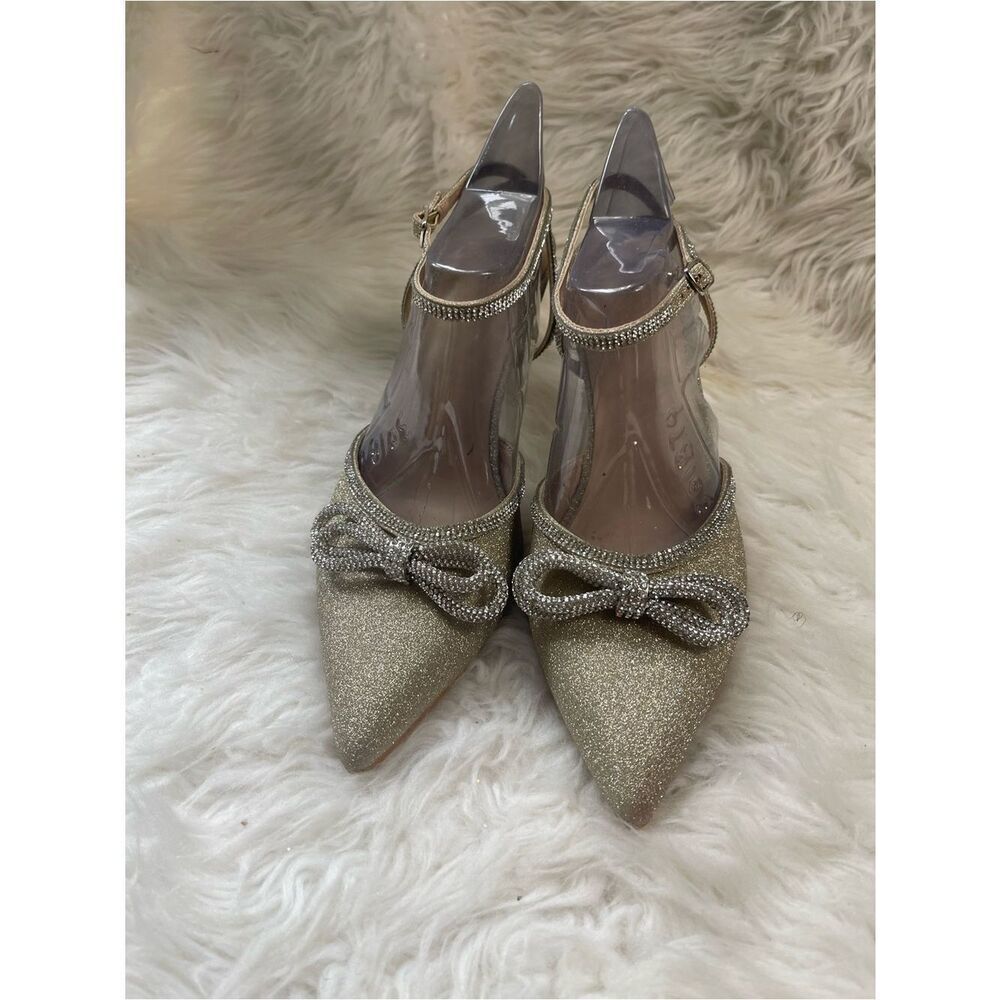 Gold Glitter Pointed Toe Bow ankle strap Heels.Pointed toe rhinestones bow SZ11